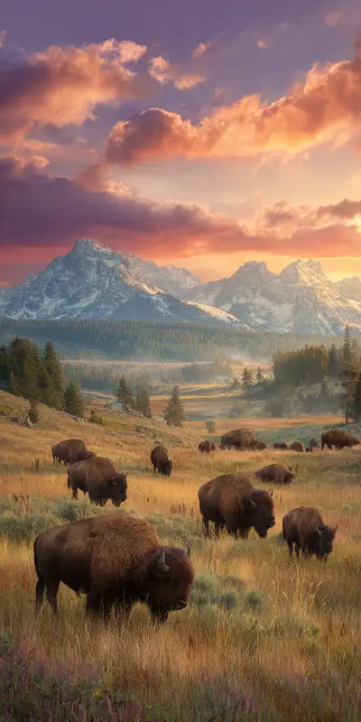 A herd of American bison roaming freely across the open plains of Yellowstone National Park at sunrise, golden light illuminating their thick fur, steam rising from their breath in the cold morning air.