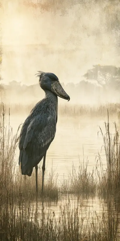 A shoebill stork walks still in a misty African wetland at dusk, surrounded by tall golden reeds and calm water, with silhouettes of trees in the background.