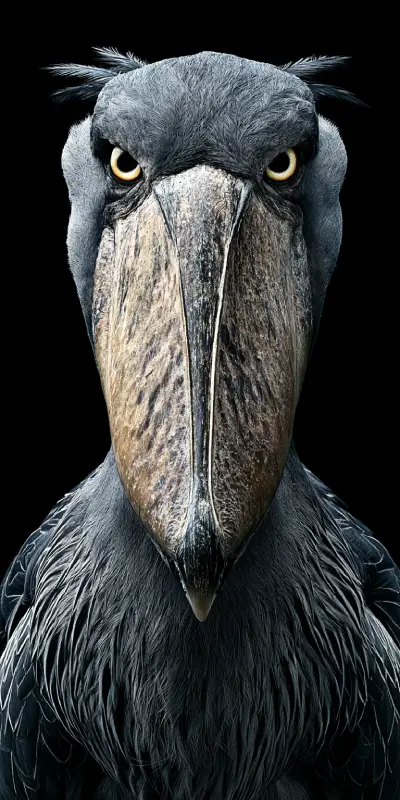 Close-up frontal portrait of a shoebill stork with intense yellow eyes and a massive beak, set against a solid black background. The bird's unique feathers and fierce expression are clearly visible, emphasizing its prehistoric appearance and striking features.