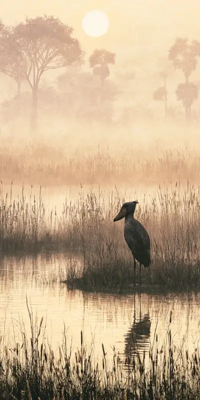 A shoebill stork standing still in a misty African swamp, ultra-realistic wildlife photography.