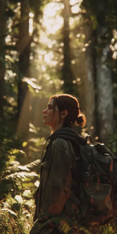 A beginner hiker walking alone on a scenic forest trail at golden hour, carrying a small backpack, looking relaxed and thoughtful, with a distant city skyline in the background and mountains ahead