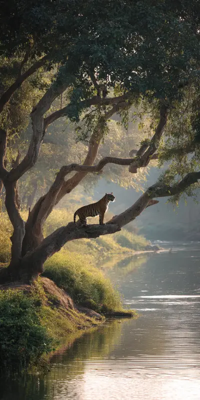 A photograph of a tiger in the wild, walking towards the viewer.