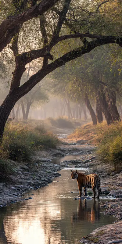 A Bengal tiger calmly walking through a dry forest landscape in Ranthambore National Park, India. The scene captures coexistence and conservation: ancient stone ruins partially visible in the background, sparse trees, golden afternoon light filtering through dust in the air.