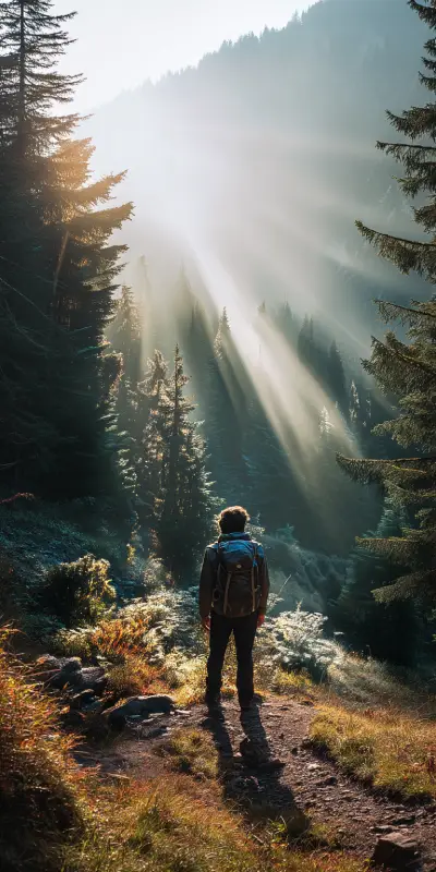 Hiker standing on mountain cliff overlooking misty forest valley at sunrise