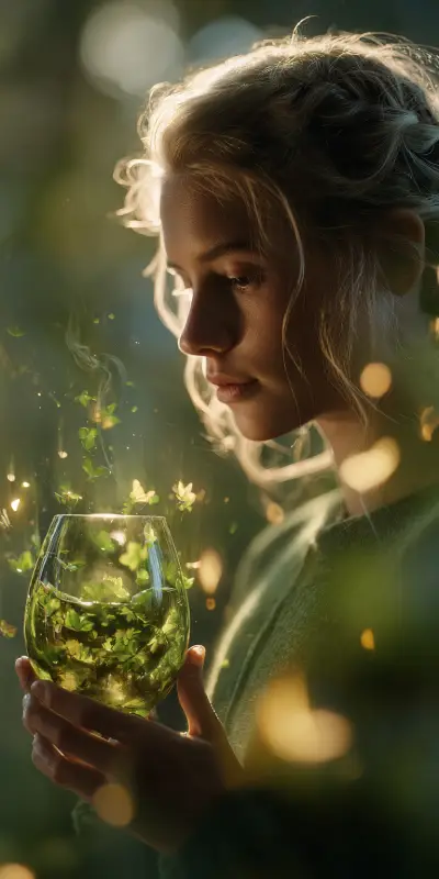 A woman holding a glass filled with the essence of nature, as if she is drinking pure life. Inside the glass, swirling green mist, tiny glowing leaves, soft floating petals, and particles of light. Her expression is serene and mesmerized. Sunlight filtering through the trees creates golden bokeh around her.