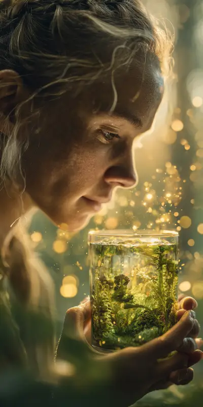 A woman holding a glass filled with the essence of nature