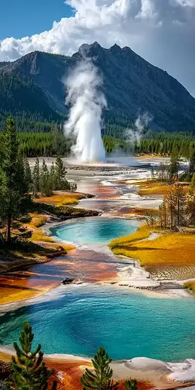 Yellowstone National Park featuring active geysers erupting into the sky. Powerful columns of steam and hot water rising from the ground, surrounded by colorful mineral terraces and geothermal pools in shades of blue, turquoise, orange, and white.